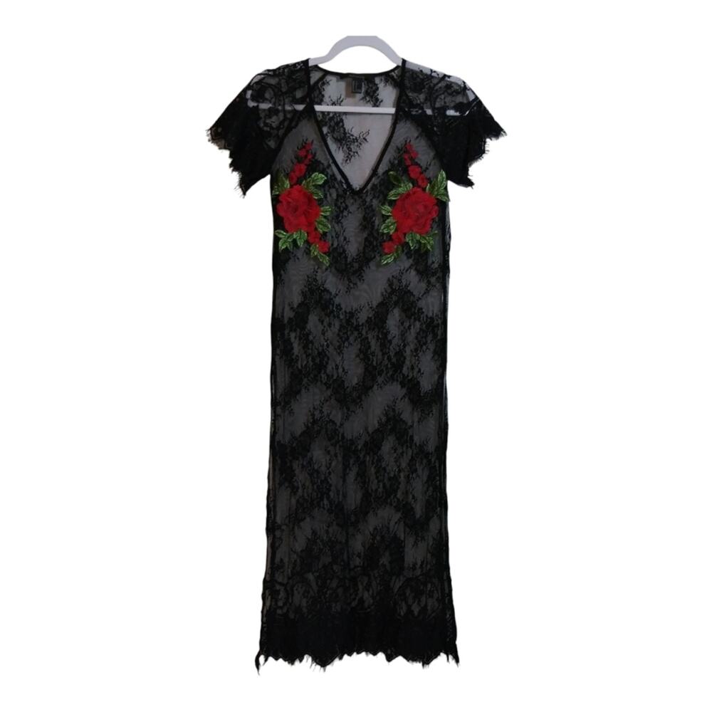 FOREVER 21 Sheer Mesh Midi Dress Whimsigoth Black Lace Pink Floral Applique Sz S